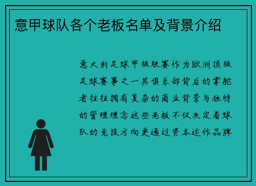 意甲球队各个老板名单及背景介绍